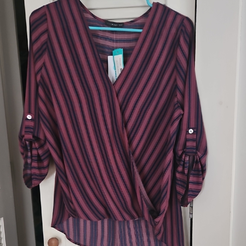 Striped V-Neck Blouse - Burgundy and Black